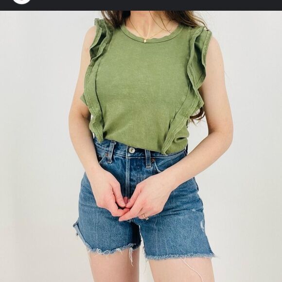 Anthropologie Eri + Ali Green Flutter Sleeve Ruffled Tank Top - Picture 1 of 7